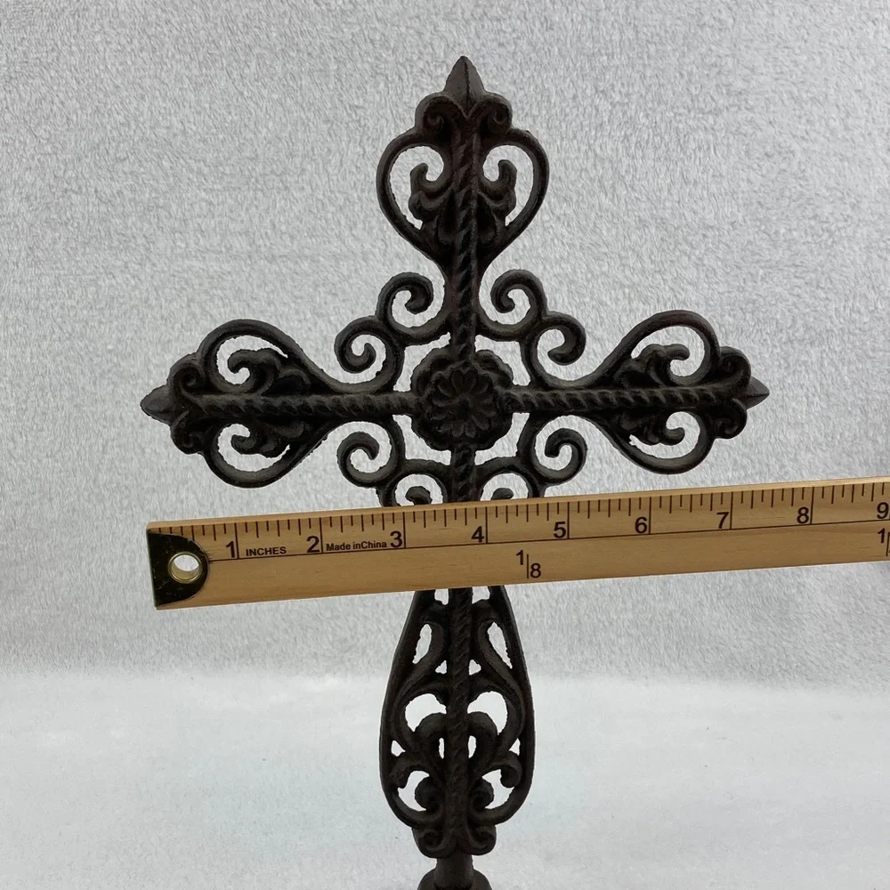 Ornate Scrollwork Brown Cast Iron Cross Decor 12.5”